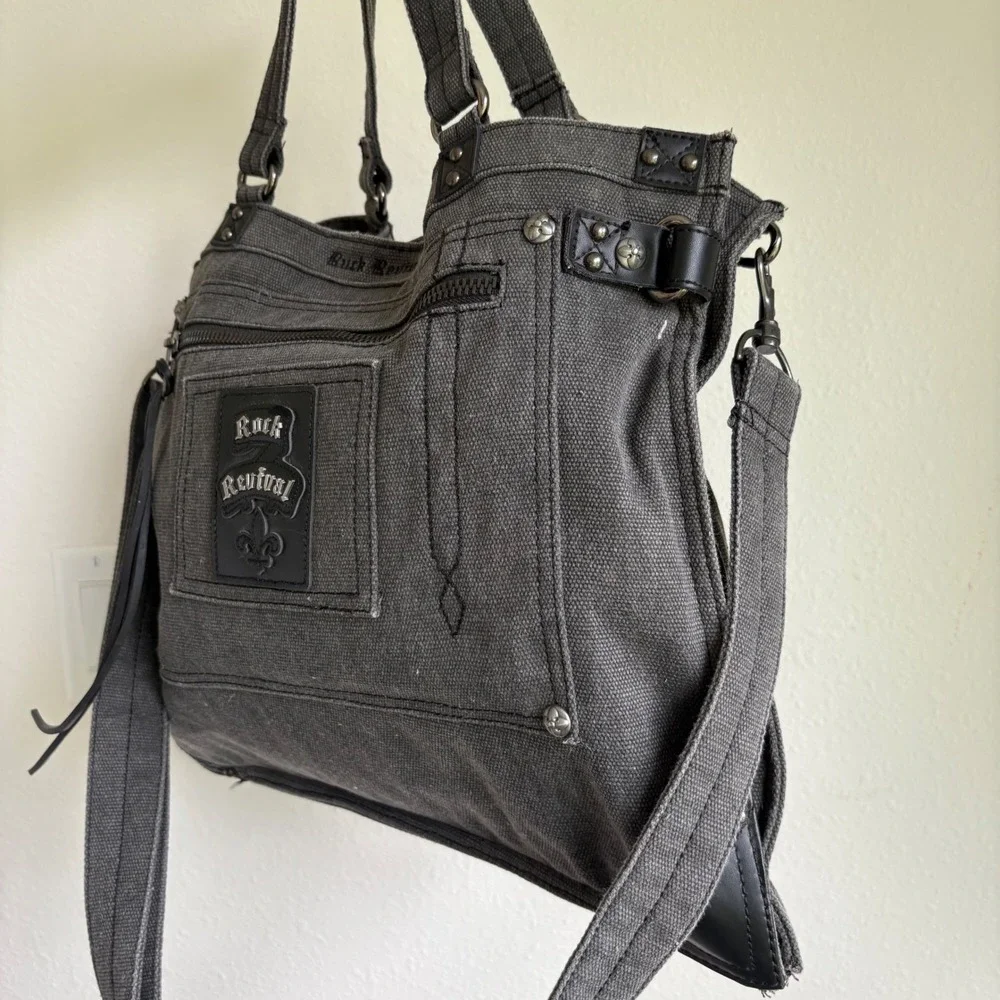 Rock Revival Grey Denim Canvas Messenger Tote Bag Crossbody Y2K Grunge